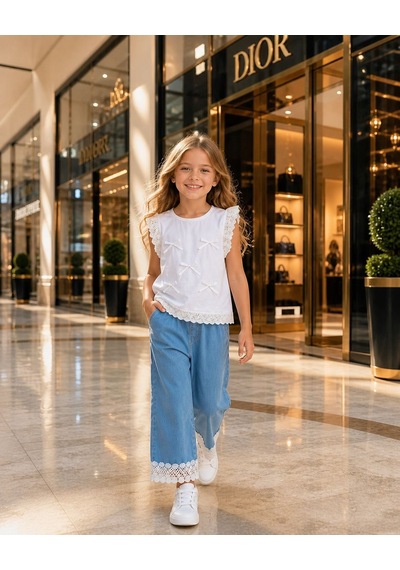 Beyaz Tshirt & Denim Pantolon Takımı Beyaz-mavi