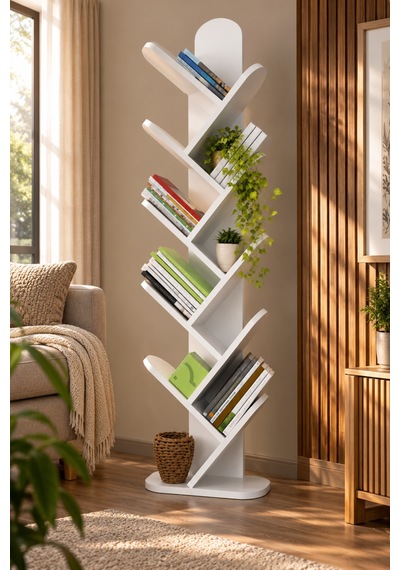 Sulorahome 10 Raflı Beyaz Ağaç Kitaplık Antrasit
