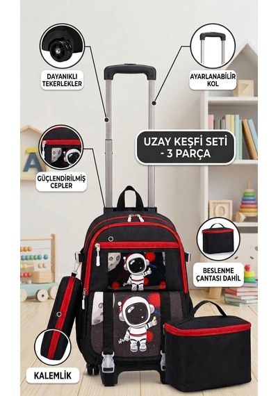 2 Kademeli Çekçekli Tekerlekli Karekter Desenli Erkek 3 Lü Set Takım İlkokul Sırt Çantası 40 27 17cm Siyah/kırmızı