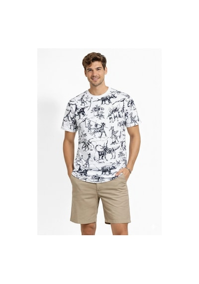 Barlashive Erkek Dinozor Dijıtal Ön Ve Arka Baskılı Tişört Bisiklet Yaka T-shirt - Beyaz Çok Renkli