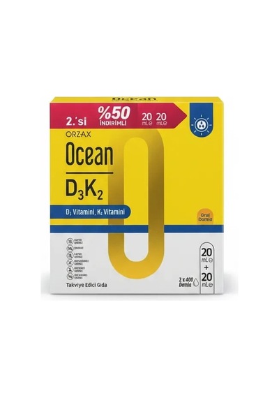 Orzax Ocean Vitamin D3 K2 Damla 20 Ml 2'li Avantaj Paket - Kombine D3 Ve K2 Vitamini İçeren Takviye Edici Gıda