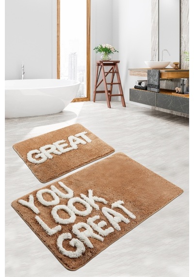 Great Bej 2 Lı Set Yıkanabilir Banyo Halısı Kahverengi