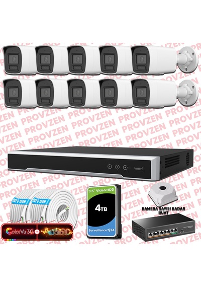 Provzen Hikvision 10 Kameralı 6mp Ip Colorvu 3.0 Güvenlik Sistemi Aı İnsan Araç Algılama Çift Yönlü Ses Ve Işıklı Alarm