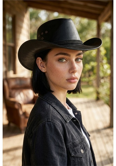 Gigi Luxe Vegan Deri Unisex Kovboy Şapkası Vintage Western Tarz Geniş Kenarlı Premium Kalite Siyah Siyah
