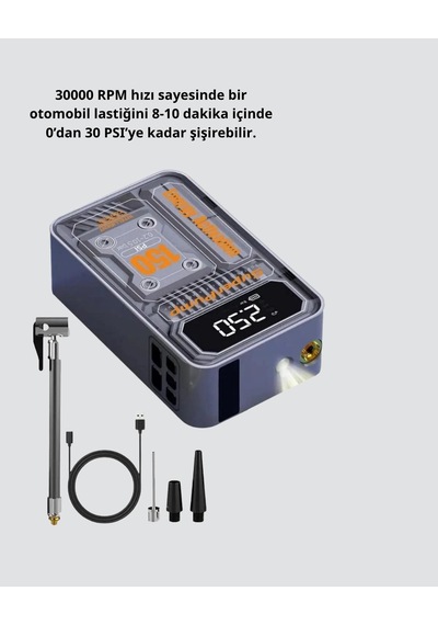 Mey İthalat Şarjlı Kablosuz Hava Pompası 150 Psı Basınç, Led Ekran Ve 6000mah Batarya