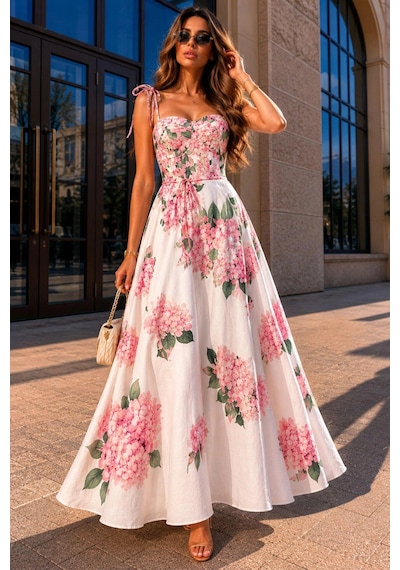 Asprinfashion Pembe Ortanca Çiçek Desenli Askılı Midi Elbise