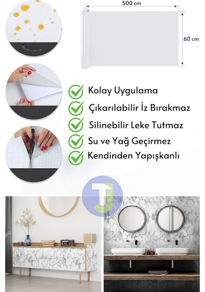 Technojet Kendinden Yapışkanlı Mermer Desen Folyo Mutfak Banyo Tezgah Duvar Kaplama 60cmx500cm Beyaz