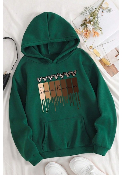 Uyguntarz Leopar Kalp Baskılı Oversize Sweatshirt Yeşil