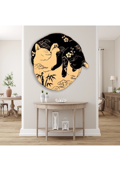 Yin Yang Kediler Japon - Metal Tablo - Dec0166 60 X 60 Cm Çok Renkli