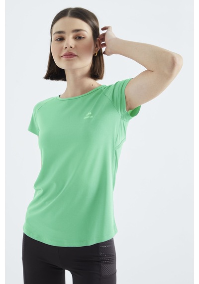 Su Yeşili Sırt Pencereli Kısa Kol Standart Kalıp O Yaka Kadın T-shirt - 97101 Su Yeşili