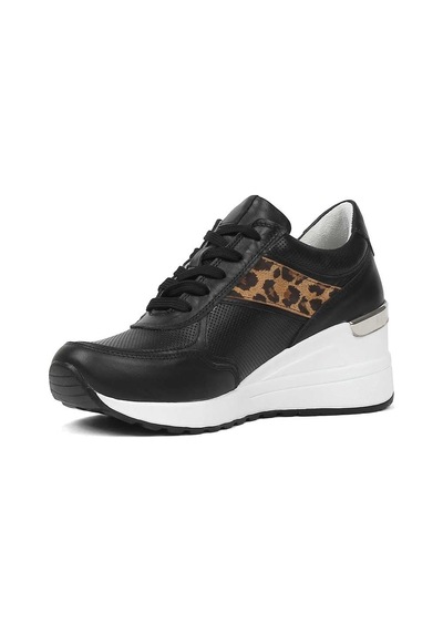 Kadın Siyah Bağcıklı Dolgu Topuklu Deri Sneaker