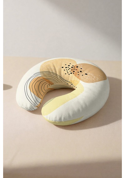 Soyut Modern Sarı Bej Boyun Yastığı - Minimalist Dalga Desenli Siyah Noktalı Yumuşak Seyahat Yastığı Çok Renkli