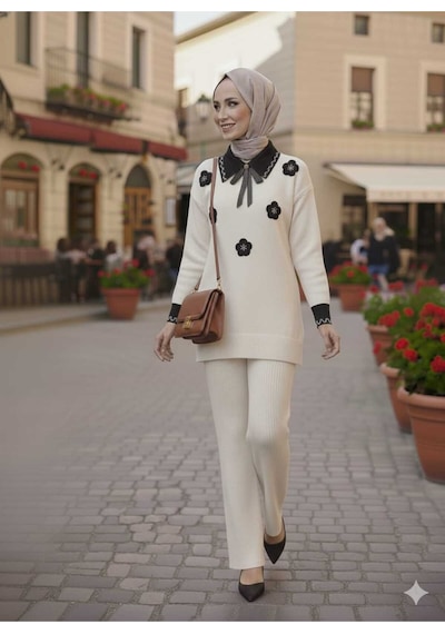 Sayzen Your Shine Gömlek Yaka Broşlu Alt-üst 2'li Triko Takim Sdnz-2501 Ekru