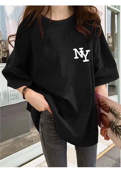 Modi Baskılı Oversize Bisiklet Yaka T-shirt - Siyah - Mymg158986