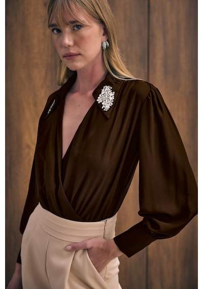 Sateen Aksesuar Detaylı Bodysuit Bluz - Kahve-136190 kahve