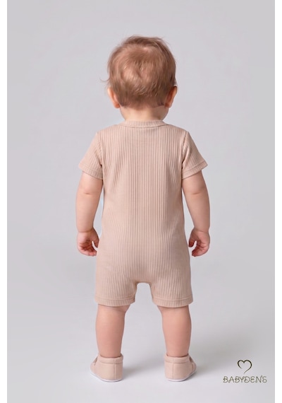 Babyden's Tavşan Baskılı Şortlu Erkek Bebek Tulum %100 Pamuk Yazlık Kısa Kollu Çıtçıtlı Yenidoğan Bebek Tulumu 0-9 Ay Bej