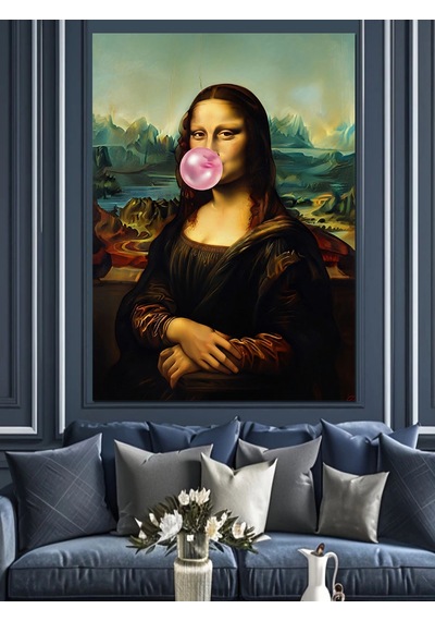 Ahşap Tablo Sakız Şişiren Mona Lisa