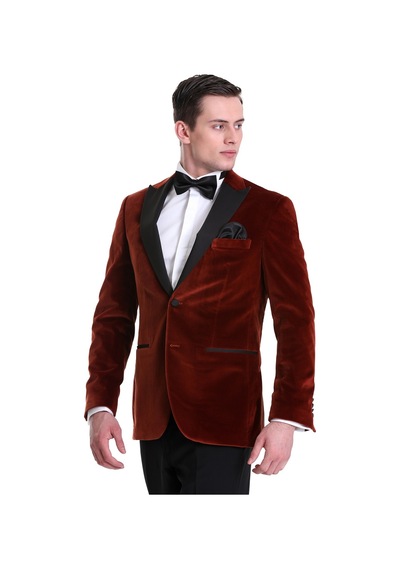 Hatemoğlu Kiremit Slim Fit Düz Sivri Yaka Kadife Klasik Smokin Damatlık 33 Kahverengi