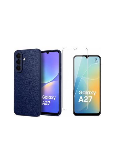 Samsung Galaxy A27 Uyumlu Deri Dokulu Silikon Telefon Kılıfı Ve Şeffaf Temperli Cam Ekran Koruyucu Lacivert