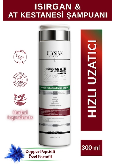 Elysian Essence Isırgan Otu & At Kestanesi & Kafein Şampuanı Copper Peptidli Hızlı Saç Uzatma Uzatan Etkili Bakım 300 Ml Tüm Saç Tipleri