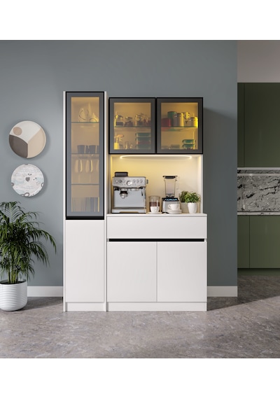 Lotus Midi Sol Vitrinli Kahve Köşesi Komple Mdf Led Mutfak Dolabı Beyaz