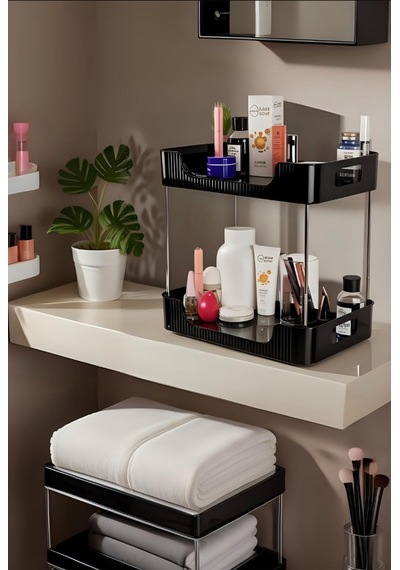 2 Katlı Çokamaçlı Düzenleyci Makyaj Düzenliyci Organizer Raf Plastik Siyah Tr Diğer