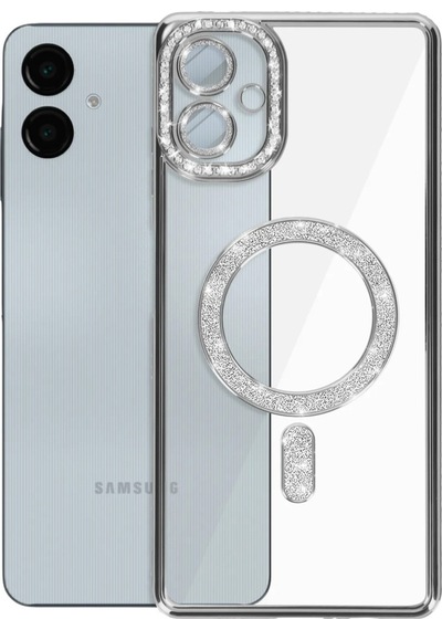 Samsung Uyumlu Galaxy A06 Kılıf Joke Seri Magsafe Özellikli Taşlı Simli Silikon Kapak Gümüş