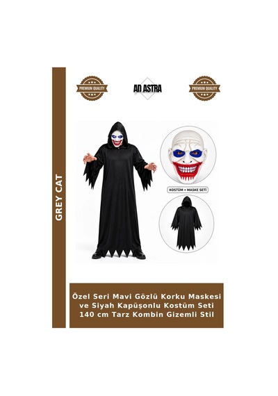 Özel Seri Mavi Gözlü Korku Maskesi Ve Siyah Kapüşonlu Kostüm Seti 140 Cm Tarz Kombin Gizemli Stil