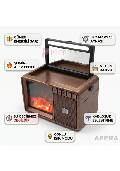 Fepe Fp-611-s Güneş Panelli Bluetooth Radyo Şömine Alev Efektli Aynalı Şarjlı Taşınabilir Hoparlör Koyu Kahve