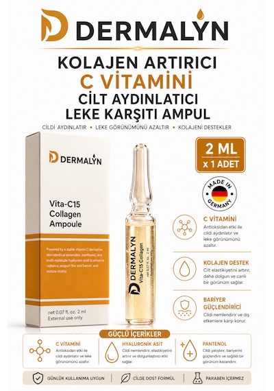 Dermalyn 1 Adet Kolajen Artırıcı C Vitamini Cilt Aydınlatıcı Leke Karşıtı Ampul Serum Dermaroller Dermapen