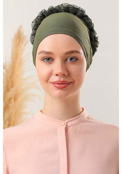 Melodi Scarf Tesettür Fırfırlı Bone Haki Haki