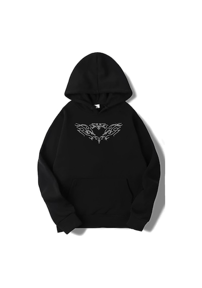 Brz Collection Unisex Oversize Taş Baskılı Heart Hoodie Siyah