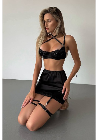 Alena Dekolte Jartiyer Set - Siyah