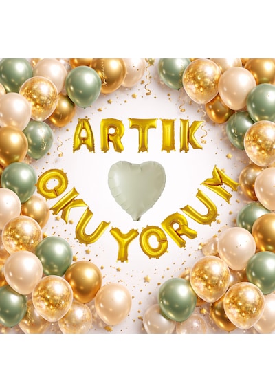 Artık Okuyorum Folyo Harf Balon Küf Yeşili Gold Konfetili Okuma Bayramı Temalı Süsleme Çok Renkli
