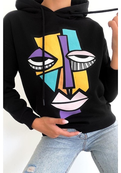 Femelle Kadın Yeni Sezon Karakter Baskılı Kapüşonlu Pamuklu Sweatshirt siyah
