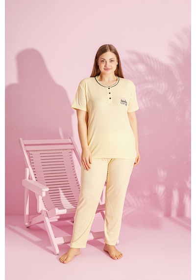 Rindahomewear Büyük Beden Fitilli Kısa Kol Pijama Takımı Sarı