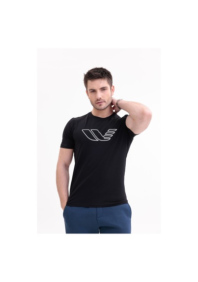 Rowinger 30/1 Süprem Kumaş Bisiklet Yaka Logo Baskılı Kısa Kollu Erkek Tişört Black