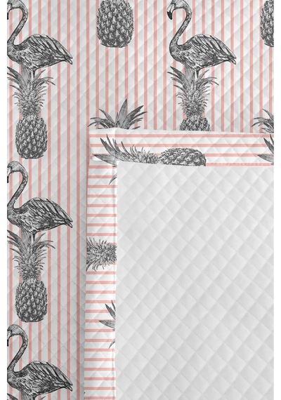 Tropikal Genç Odası Tek Kişilik Pike Takımı - Flamingo Ananas Gri 160x220 Cm Kapitone Yatak Örtüsü Buharlı Yağmur Baharı