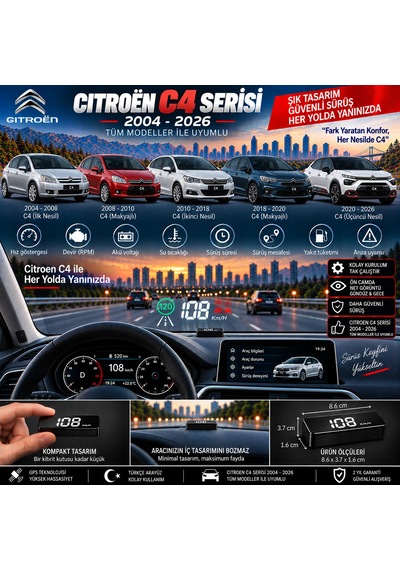 Citroën C4 2004-2026 Modeller İçin Head Up Display Hayalet Gösterge Ekranı Ön Cam Hız Göstergesi