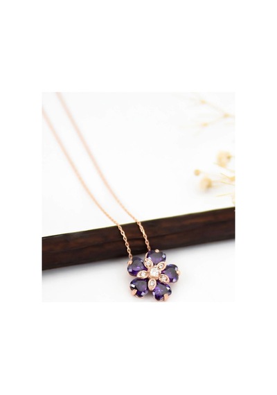 925 Ayar Papatya Silver Doğum Taşlı Unutma Beni Çiçeği Kolye.rose.gold.rodaj Gümüş