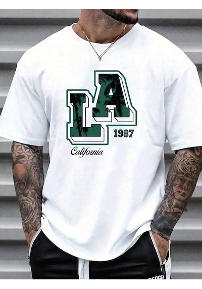 T-shirt - La 1987 Baskılı Oversize Bisiklet Yaka Kısa Kol Tişört Beyaz