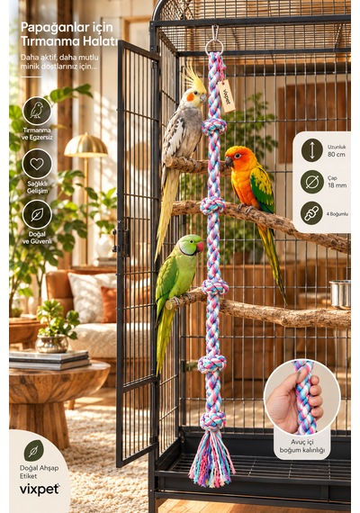 Vixpet Papağan Tırmanma Halatı Çok Renkli 80 Cm Çap 18 Mm L Kafes Oyuncağı Stres Ipi Pamuk Halat Sultan, Konur, Monk, Lori, Forpus