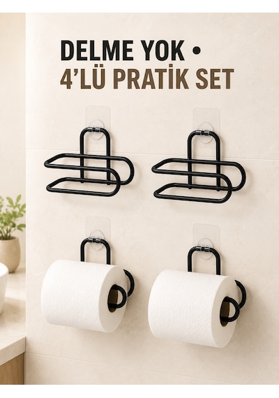Siyah 4 Adet Metal Tuvalet Kağıdı Tutucu Kendinden Yapışkanlı Delmeden Montaj Banyo Askısı Diğer