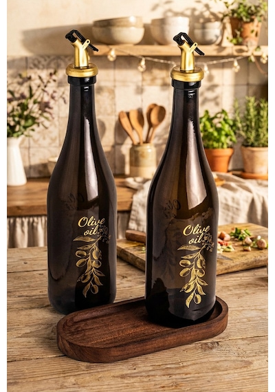 Snippy Poura - Ahşap Standlı 2'li Yağdanlık Zeytinyağı Sıvı Yağ Sirke Şişesi Yağdanlık Seti 750 ml