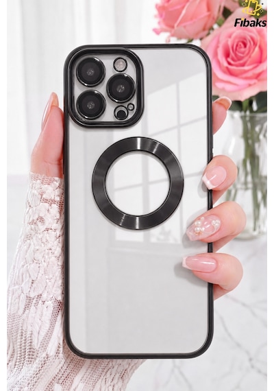 Fibaks iPhone 14 Pro Max Uyumlu Kılıf Kamera Lens Korumalı Şeffaf Renkli Logo Gösteren Parlak Kapak Siyah
