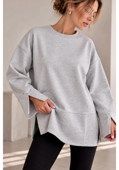 Bb Butik Basic Oversize Yırtmaç Detaylı Bisiklet Yaka Sweatshirt Zg3535 Gri