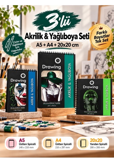 3 Lü Akrilik Ve Yağlı Boya Defter Seti A5 A4 20x20 Cm, Akrilik Ve Yağlı Boya Uyumlu
