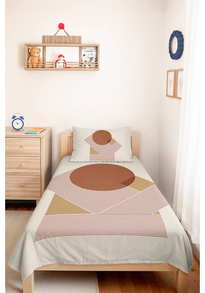 Bej Geometrik Boho Genç Odası Tek Kişilik Pike Takımı - Terracotta 160x220 Cm Kapitone Yatak Örtüsü Naif Örtü Serabı