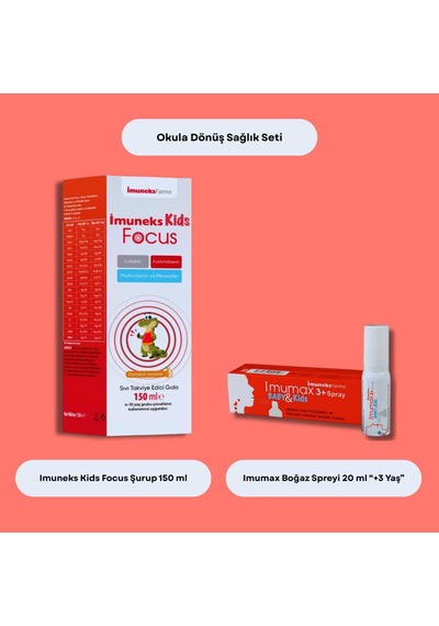 Okula Dönüş Çocuk Sağlık Seti - Imuneks Kids Focus 150ml + Imumax Boğaz Spreyi 3+ Yaş 20ml Avantajlı İkili Paket