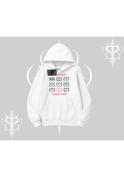 My Mood Right Now Yazılı Sevimli Kedi Kapşonlu Sweatshirt Beyaz